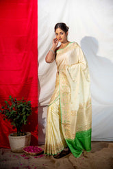 Off White Mushru Satin Banarasi Handloom Saree With Meeenakari Border